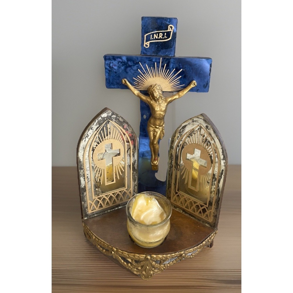 Vtg Wood‎ Crucifix Cross Mirror Candle INRI Last Rights Sick Call RARE